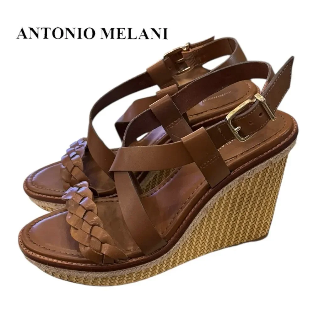 Antonio Melani Women’s Brown Leather Woven Wedge Sandals 9.5